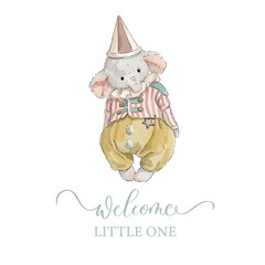 Watercolor Baby Elephant Welcome Little One Circus Outfit Vector Illustration.