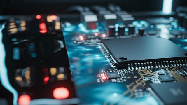 Closeup of a computer circuit board with glowing red and blue lights on a dark background