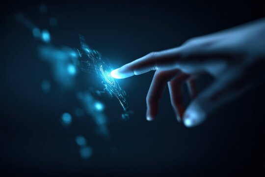Human finger touching futuristic glowing blue digital interface on dark background - Powered by Adobe