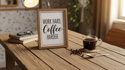 Inspirational quote 'Work Hard. Coffee Harder.' displayed on a wooden desk alongside a steaming cup of coffee, books, and reading glasses, setting a productive and cozy mood