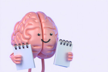 Cute cartoon brain character holding two spiral notepads and smiling on plain background  thinking and writing concept