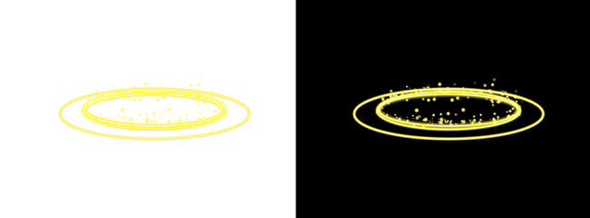 Golden magic circle portal with glowing rings and sparkles. Futuristic neon hologram effect with shiny particles, transparent background. Effect for your design