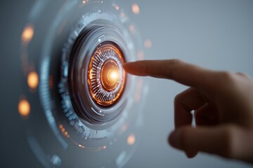 Close up of human hand touching glowing circular futuristic digital interface with orange light