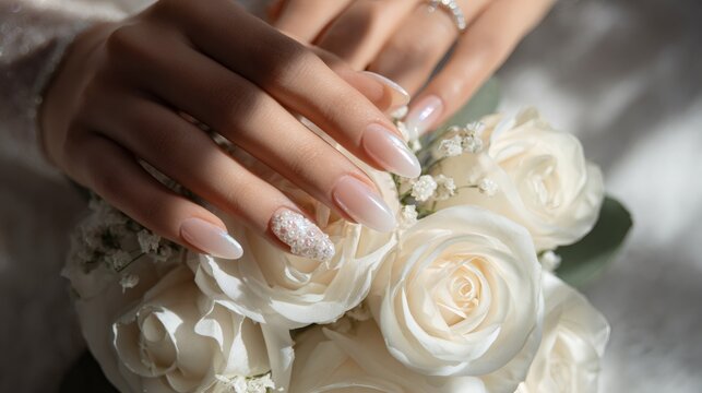 bridal nail art, bridal acrylic nails adorned with pearls and iridescent glitter for an elegant and romantic touch on the wedding day