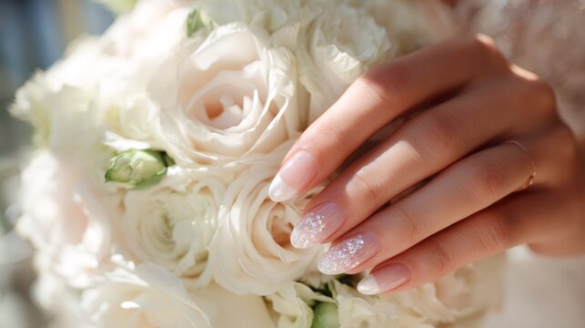 bridal nail art, brides oval-shaped french manicured acrylic nails adorned with delicate pearls and iridescent glitter make for a romantic wedding day