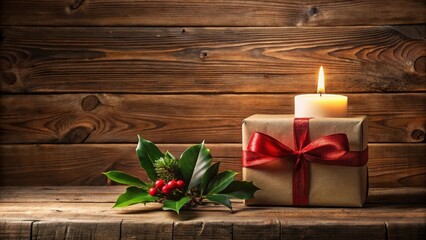 A Rustic Christmas Setting Featuring a Gift, Holly, and a Lit Candle on a Wooden Surface