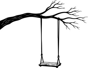 Obraz premium wooden swing hanging from a bare tree branch silhouette vector illustration
