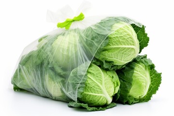 Fototapeta premium Healthy green savoy cabbages in a transparent produce bag, isolated on white background