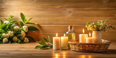 Serene Spa Setting with Lit Candles, Essential Oil, and Delicate Flowers in a Woven Basket on a Wooden Surface