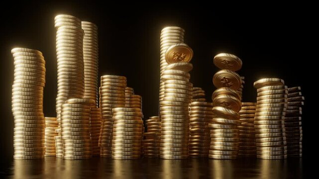 Shiny golden coins piles appear and grow over black background. Profit concept. Financial animated wallpaper