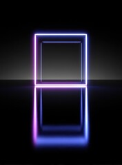 Glowing neon square, reflected, on black reflective surface