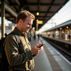 Man smiling while checking his phone at train station during daytime  