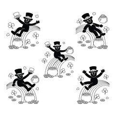 Charming illustration of leprechauns on rainbows with pots of gold.