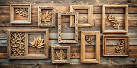 Rustic Wooden Frames Adorned with Dried Botanical Elements Arranged on a Weathered Wood Surface