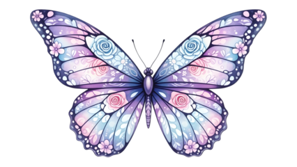 Delicate Purple and Pink Butterfly with Floral Wing Patterns on Transparent Background