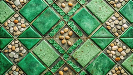 Intricate Green Tile and Stone Mosaic Design Featuring Geometric Patterns and Natural Elements
