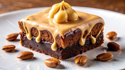 Decadent Double-Layered Brownie Topped with Creamy Caramel Glaze and Roasted Coffee Beans