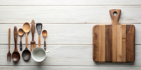 Rustic Kitchen Utensils and Wooden Cutting Board Arranged on a White Wooden Surface
