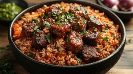 Delicious rice dish with succulent meat and rich sauce, garnished with fresh herbs in a rustic bowl, perfect for culinary showcases and food photography