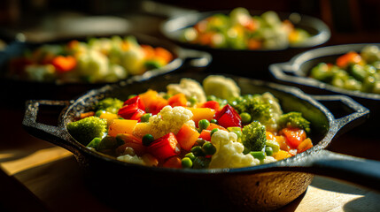 A cast iron skillet filled with a colorful mix of steamed vegetables on a table