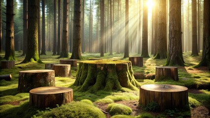 Sunlit Forest Scene with Mossy Tree Stumps Arranged in a Circle