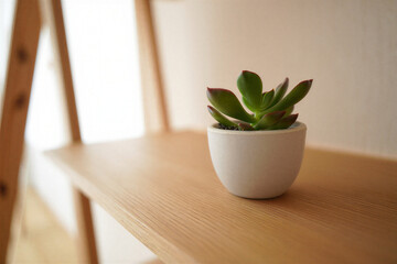 Small succulent plant in white ceramic pot on wooden table indoors