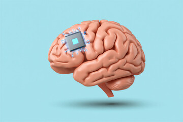 Symbolic representation of artificial intelligence with a microchip implanted on a human brain model illustrating futuristic technological integration and cognitive enhancement concepts