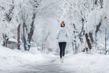 Rear view of a young woman jogging on a snowy path in a winter park