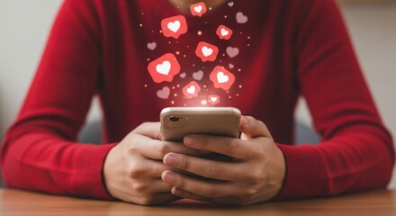Person holding a smartphone with floating heart icons, social media likes concept, online communication, digital emotions, love reactions, mobile app engagement, modern technology