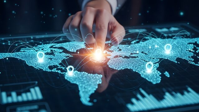 Global logistics and international business network. Digital supply chain and world connectivity. Hand touching a glowing world map with location pins and data connection lines - Powered by Adobe