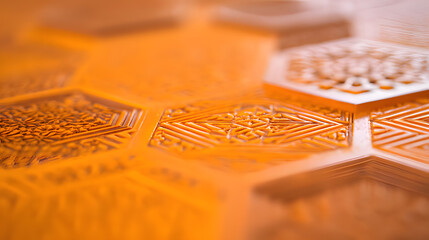 bakelite. Amber bakelite material with geometric patterns forming a retro design, abstract composition. product launch decks, UI/UX mockups, designed for product launches and innovation pitches.