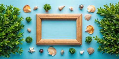 Summertime Serenity Blank Wooden Frame Adorned with Seashells and Greenery on a Light Blue Background