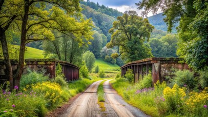 Serene Country Road Winding Through Lush Green Valley Flanked by Rustic Old Bridge Abutments