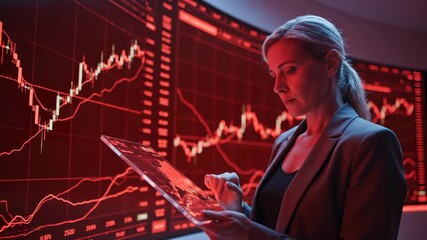Woman trader analyzes stock market data on tablet device. Businesswoman studies financial chart with red display. Trader watches stock data on screen. Woman analyzes market graph on digital tablet. - Powered by Adobe