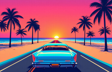 Vintage blue car driving down a scenic coastal road at sunset with palm trees on both sides of the beach  serene tropical getaway