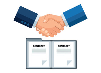 Professional business individuals shaking hands above open contract documents, symbolizing a successful agreement, partnership, and deal completion for corporate and financial projects.