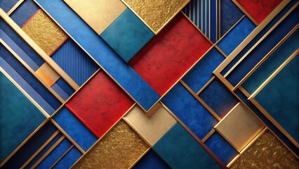 Abstract Geometric Design Featuring Interlocking Squares and Rectangles in Rich Jewel Tones of Blue, Red, and Gold