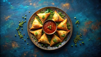 Aromatic Savory Fried Pastry Triangles Served with Spicy Dip and Green Peas on a Rustic Plate