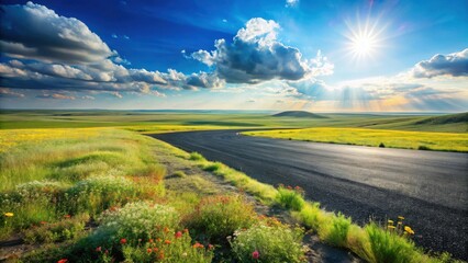 Asphalt road curving through a vibrant prairie landscape under a sun-drenched sky with fluffy clouds