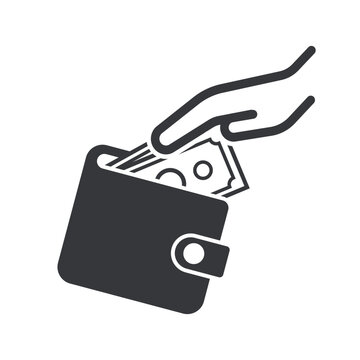 Isolated pictogram of hand taking money from wallet, symbol representing payment, spending, financial expense, cash handling, and economic transaction