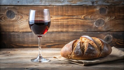 Rustic Still Life A Glass of Red Wine and a Loaf of Crusty Bread on a Wooden Table