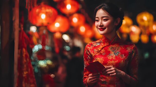Chinese lunar new year holiday celebration. Spring festival tradition. Chunjie. Asia. woman in traditional red cheongsam holding red envelope at festive event with lanterns in the background.