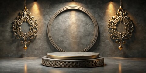 Elegant Gold and Gray Ornate Display Platform with Circular Frame and Hanging Ornaments