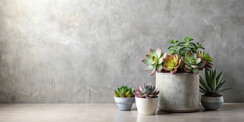 A serene arrangement of succulents in various pots against a textured backdrop