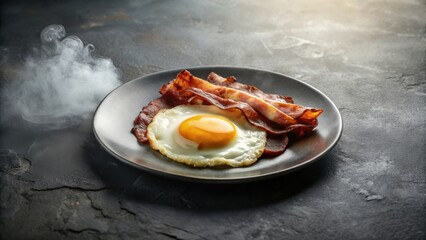 Aromatic Fried Egg and Crispy Bacon on a Dark Plate, Steam Rising