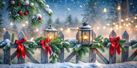 Winter Wonderland Fence Decorated with Festive Lanterns and Evergreen Garland