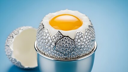A surreal diamond-encrusted egg sits in a silver container on a blue surface with an open shell beside it.