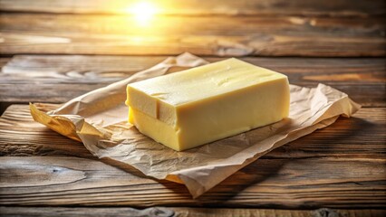 A block of pale yellow dairy product rests on rustic wood, wrapped in brown paper, bathed in warm sunlight.