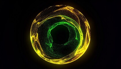 Vibrant neon green and yellow swirling particle circle on black background