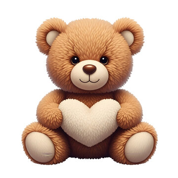Fluffy Brown Teddy Bear Holding a White Heart on White Background valentain